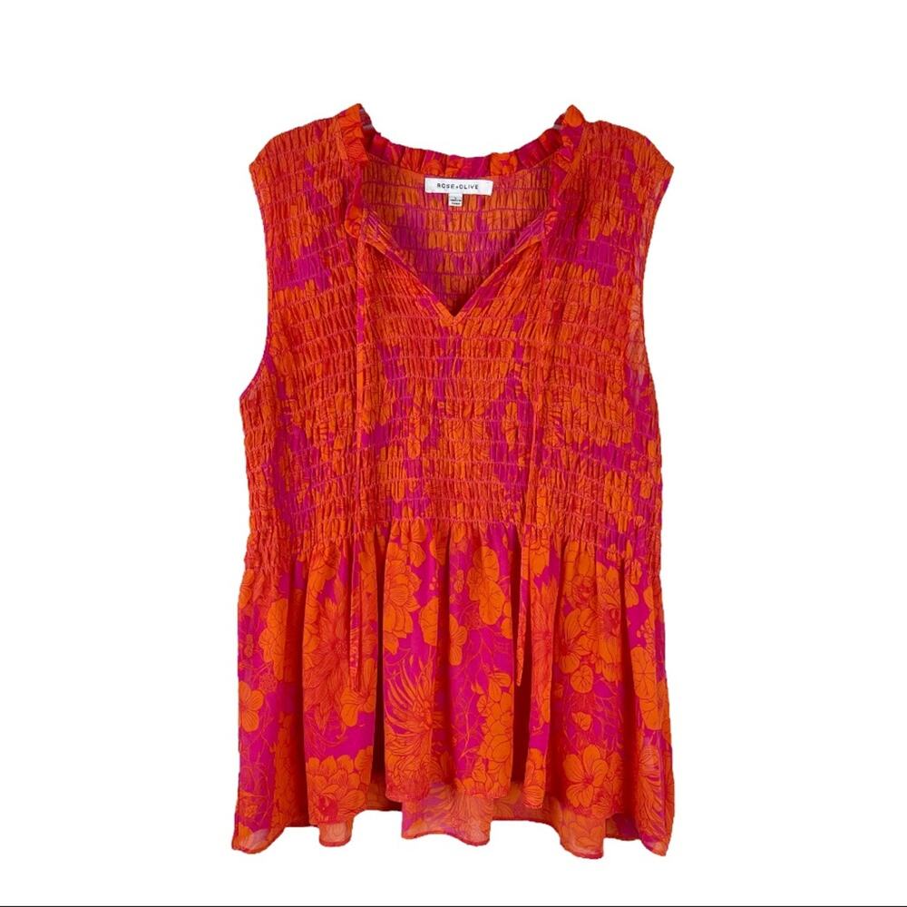 Rose + Olive pink orange chiffon floral tropical Hawaiian babydoll top large
